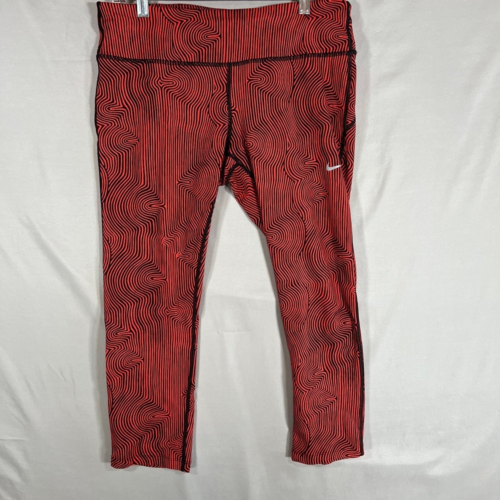Nike Womens Dri-Fit Crop Running Tight Pants Red Black Swirl Large Capri